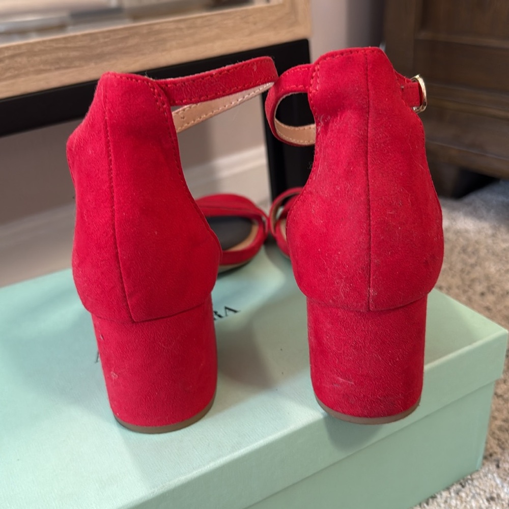 Merona Red Suede Block Heels Sandals - Picture 6 of 9